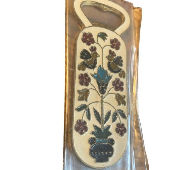 Vintage Cloisonné Enamel and Bronze Bottle Opener MCM Kitch Bar bird floral new - Picture 3 of 10